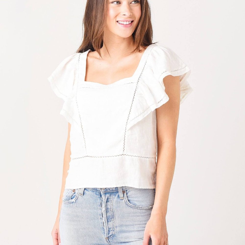 Faherty Women's White Mariposa Ruffle Linen Blouse Top